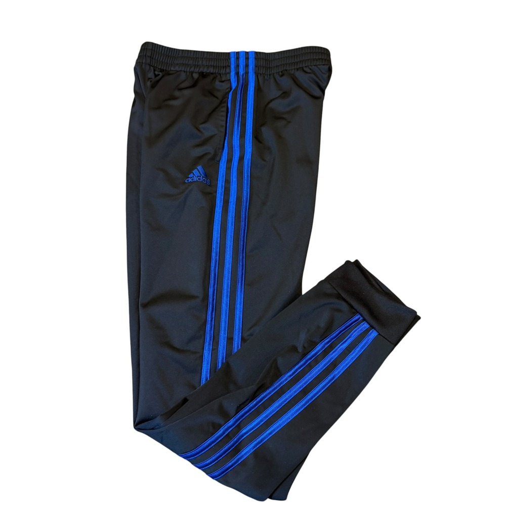 adidas Joggers Boys Youth Large 14/16 Black Blue EUC 3-Stripe Track Pants